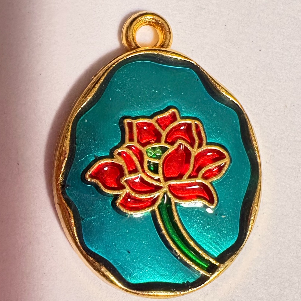 Vibrant vintage inspired red flower Gold and Teal enameled pendant